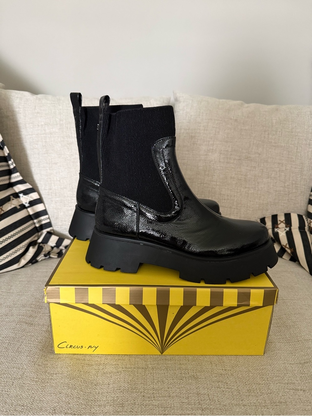 Circus by Sam Edelman Black Patent Chelsea Lug Ankle Boots, 9 1/2, new in box